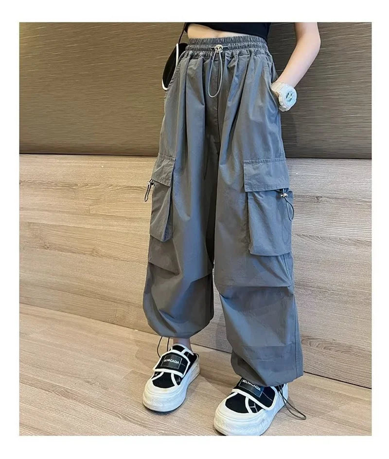 Girls' High Waist Straight Trousers Kids Fashion Hip Hop Joggers Cargo Pants Children Cool Spring Autumn Drawstring Sweatpants