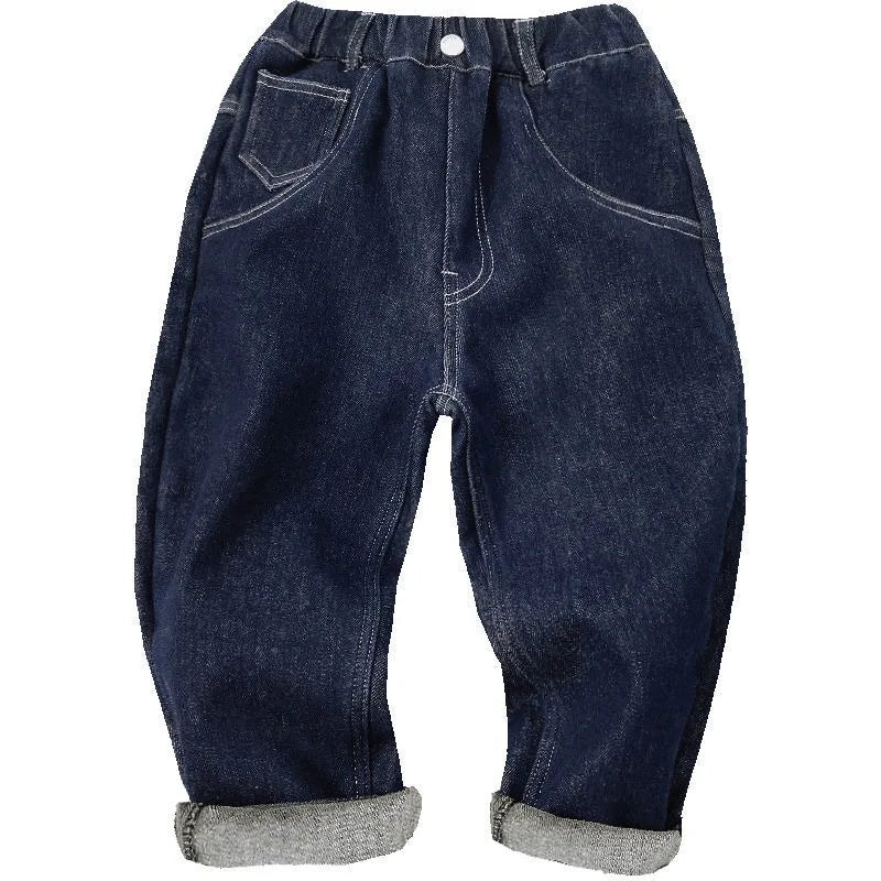 2025 New Boys' Fleece-Lined Jeans for Big Kids - Spring Autumn Autumn Long Pants Kids' Clothing