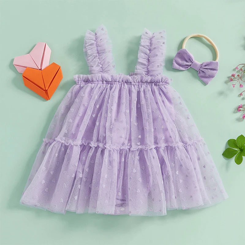 Toddler Girls Floral Print Ruffle Sleeve Romper Dress with Matching Headband Set for Summer Beach Outfit