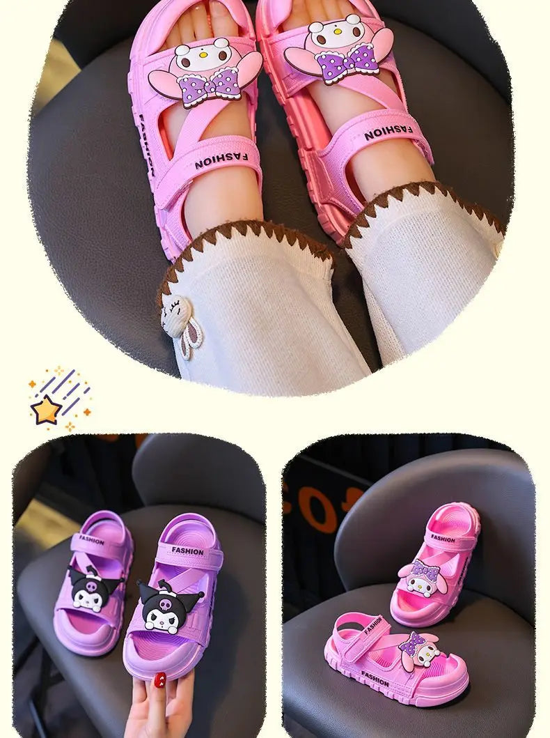 Sandals Girls Anime Kuromi Open Peep Toe Shoes Girly Summer Cute Cartoon Babys Purple Pink Slipper Kid Size 21-36