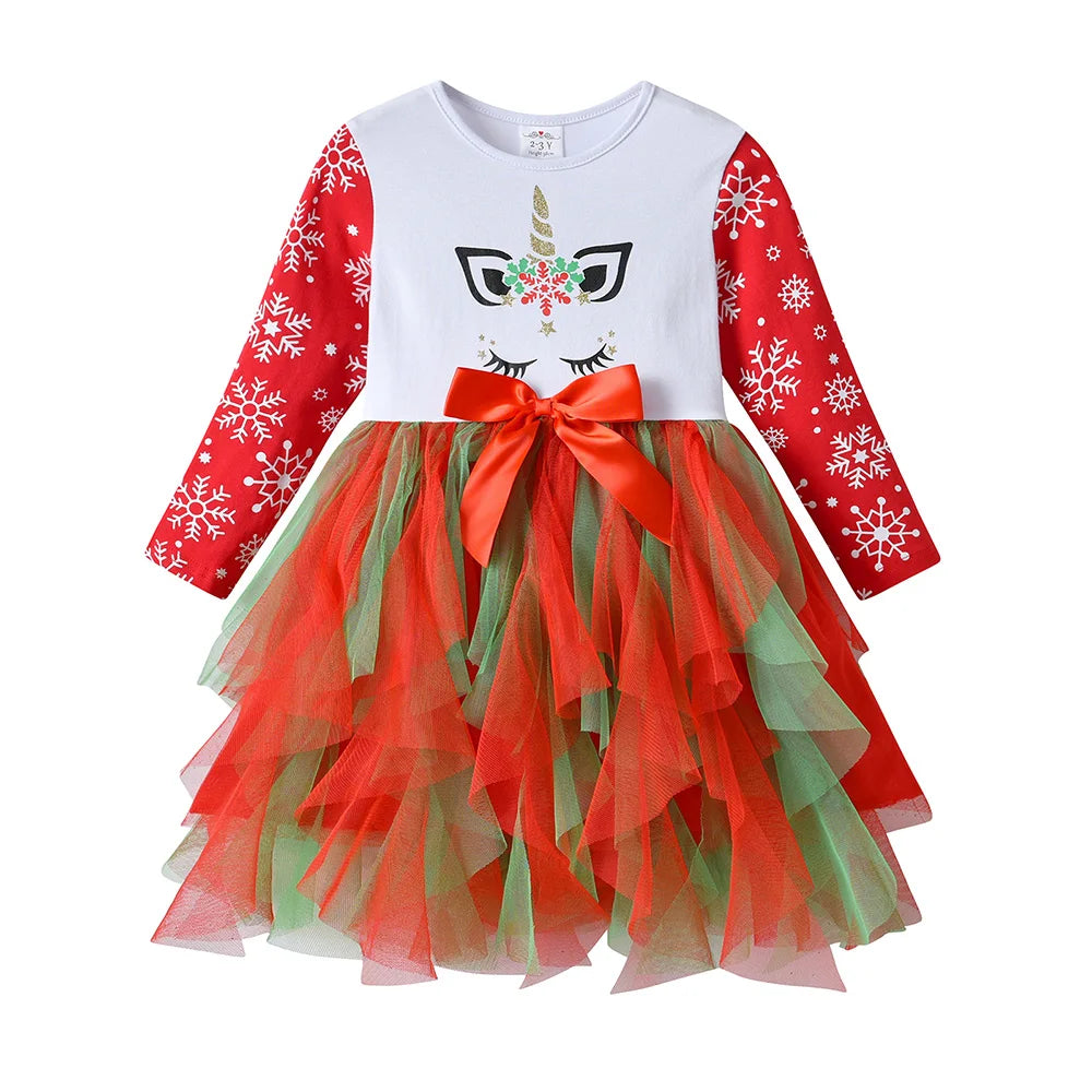 VIKITA Girls Christmas Unicorn Dress Kids Long Sleeve Snowflake Print Tutu Dress with Red Green Tiered Tulle Skirt for Xmas