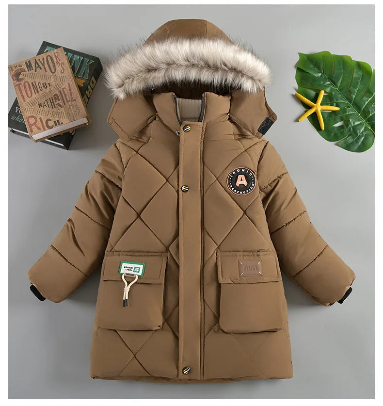 New Winter Boys Jacket Long Style Letter Print Thick Warm Hooded Coat Fur Collar Down Cotton Outerwear For 4-10 Years Kids