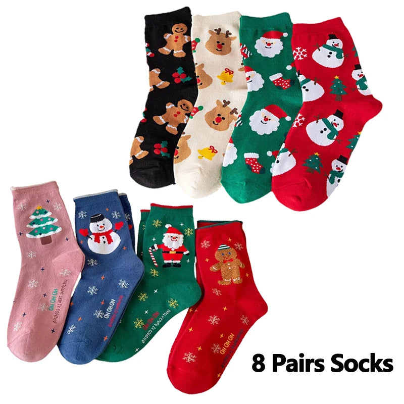 2/4/8 Pairs Children Christmas Socks Cotton Warm Mid-tube Socks For Kids Unisex Knitting Snowflake Elk Stocking Christmas Gift