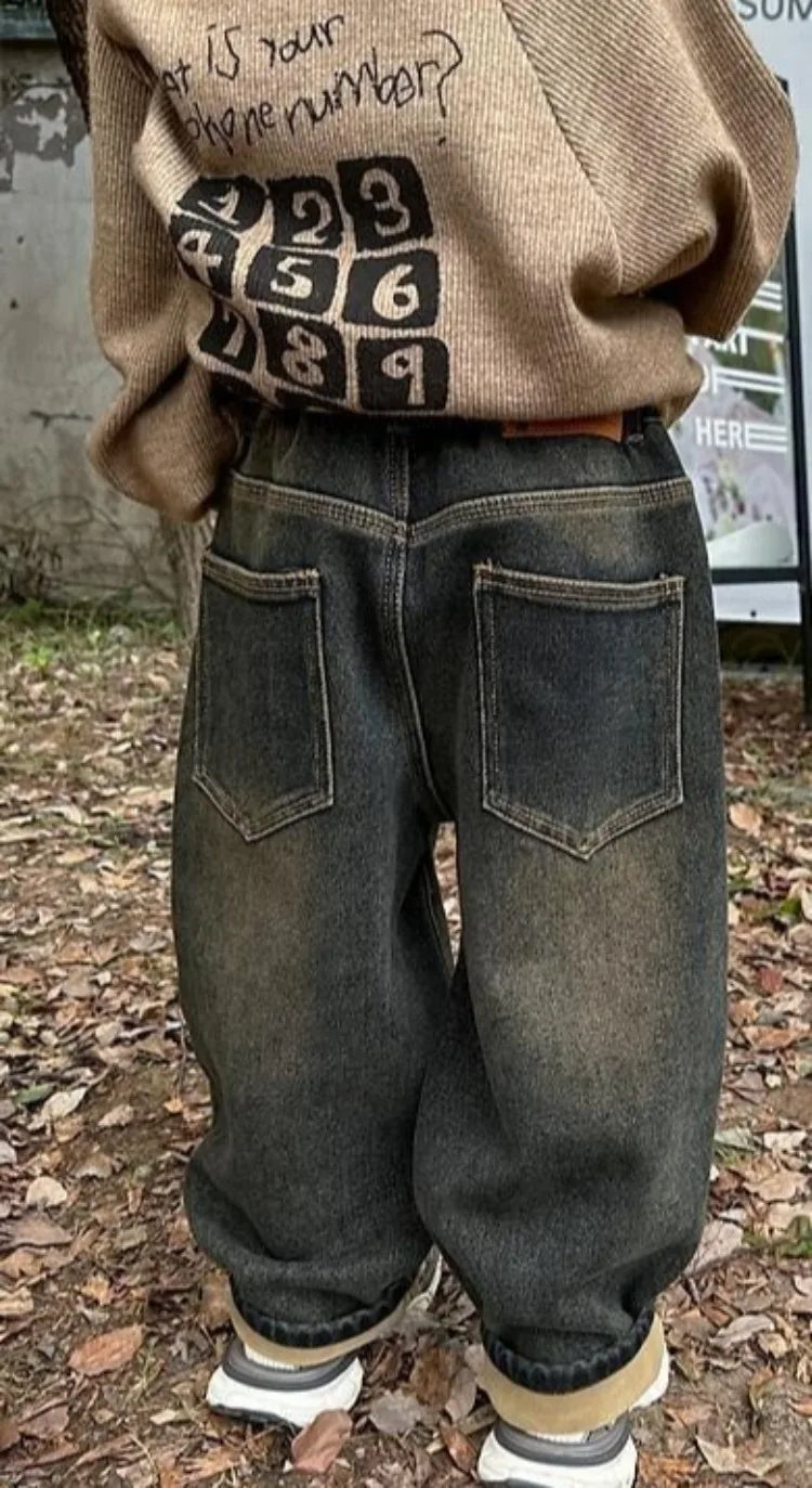Boys' Autumn Winter Thermal Fleece-Lined Korean-style Patchwork Jeans - Thickened One-Piece Long Pants Spring Autumn New
