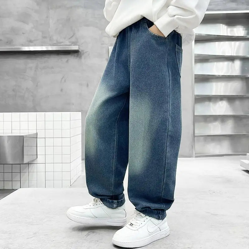 2025 New Boys' Loose Fit Jeans for Kids - Korean Style Washed Denim Long Pants, Trendy & Comfortable