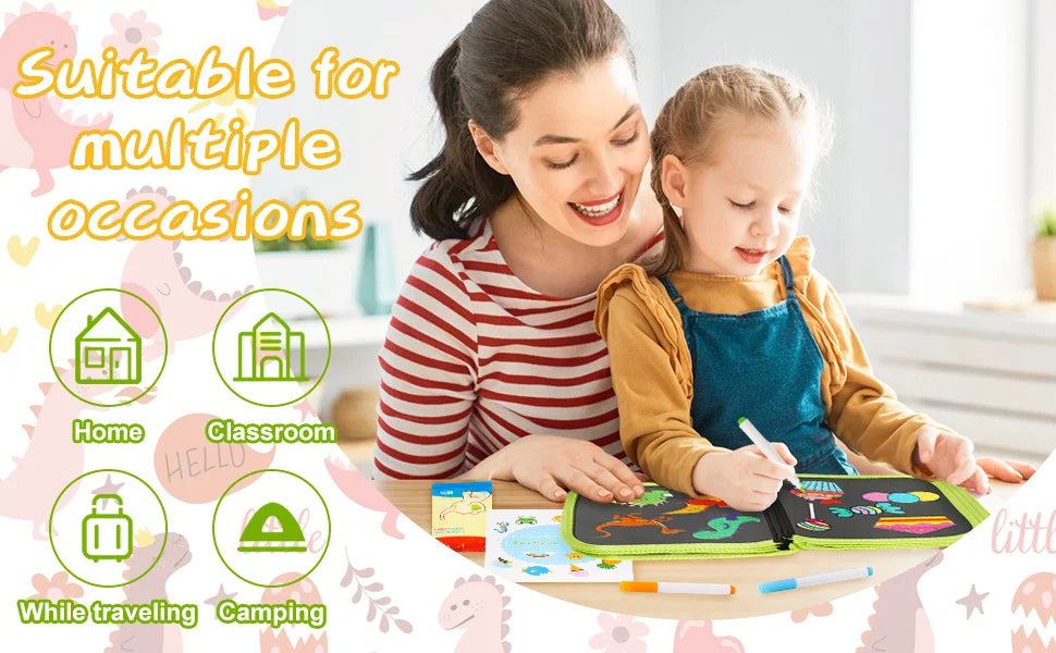 Green Dinosaur Erasable Book Doodle Set Magic Drawing Book Reusable Drawing Book 12 Watercolor Pens 14 Page Drawing for Kids