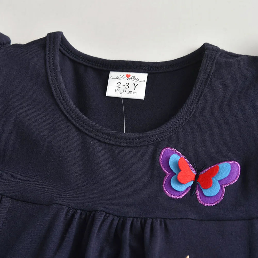 VIKITA Toddlers Flare Sleeve Summer Dress Kids 3D Butterfly Embroidery Cotton Casual Dress with Pockets Kids Daily Casual Wear