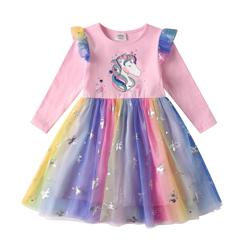 VIKITA Kids Colorful Rainbow Dress Girls Licorne Cartoon Autumn Spring Birthday Party Princess Casual Flare Sleeve Dress 3-12 Y