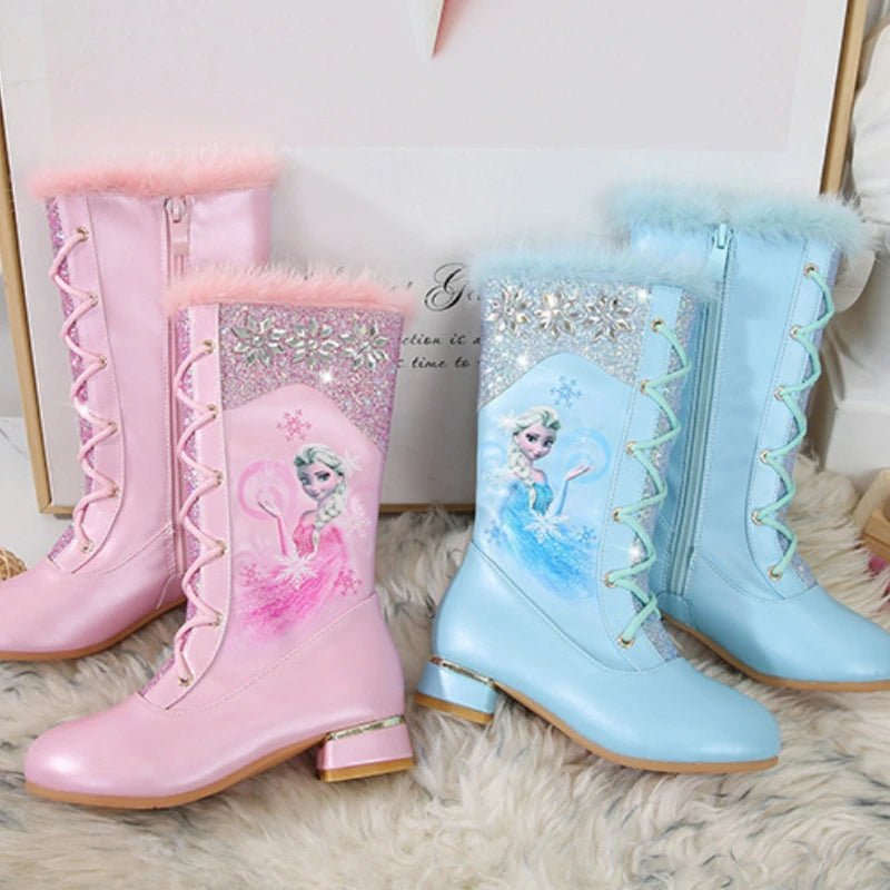 Disney Girls' Leather Boots Winter Cartoon Frozen Boots Side Zipper High Plush Princess Elsa Boots Warm Children's Boots Size 27