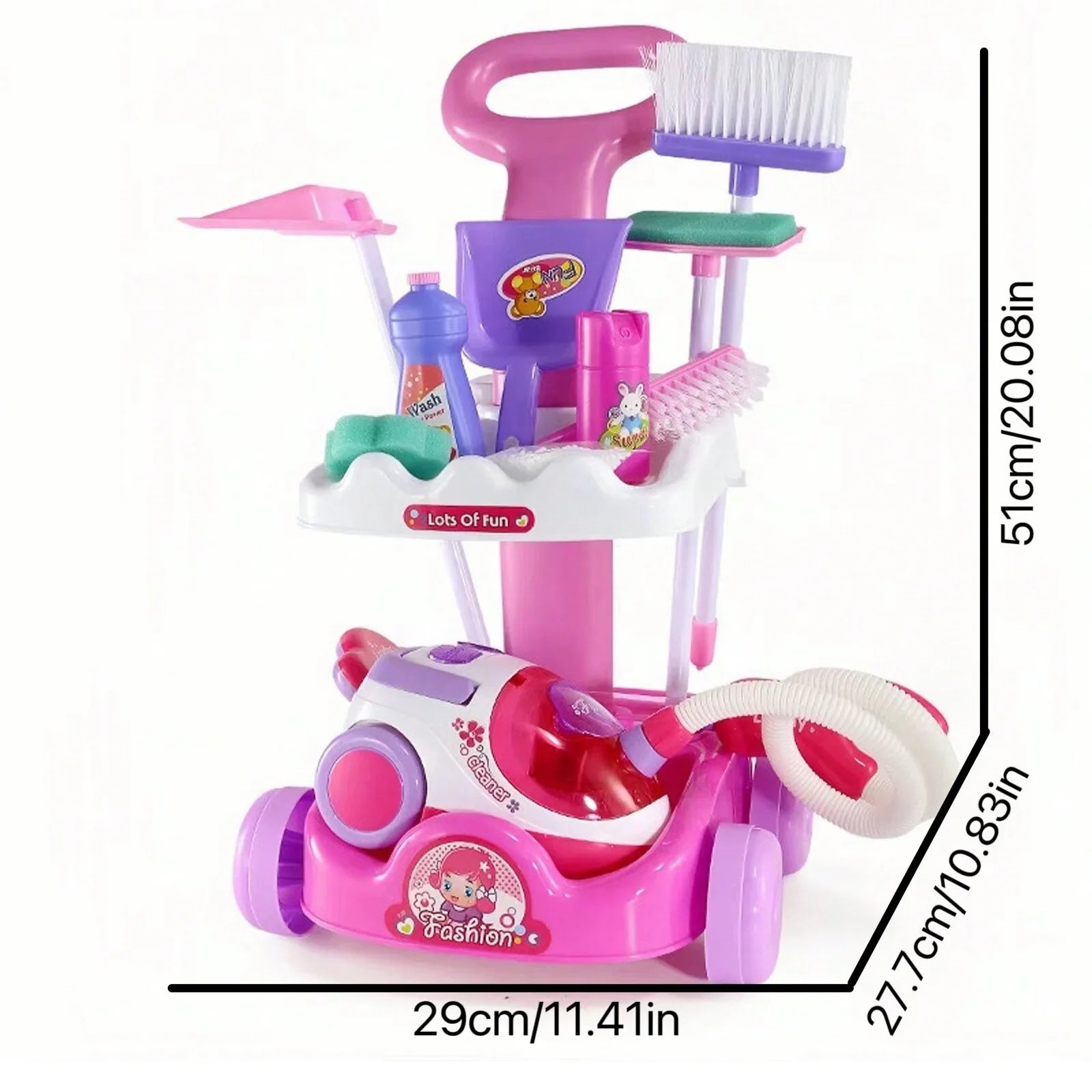 Housekeeping Cleaning Trolley Playset Caddy Includes Accessories and Toy Vacuum with Sounds and Lights Pretend Play for Girls