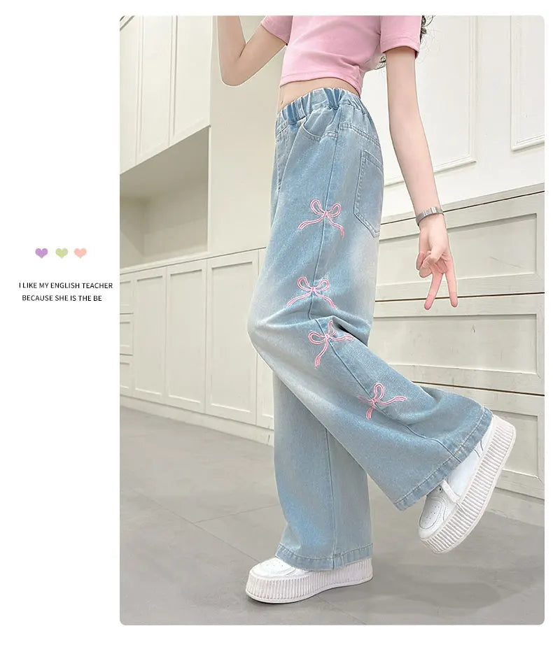 Girls' side pink bow embroidered wide-leg pants 2025 summer thin style slim straight pants suitable for outdoor 5-15 years old