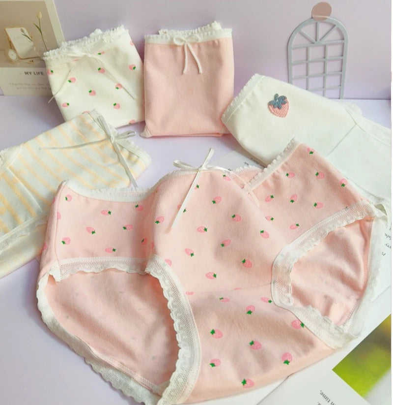 5PCS Girls Cotton Soft Antibacterial Briefs Kids Pink Strawberry Print Knickers 7+y Young Children Breathable Comfort Underwears