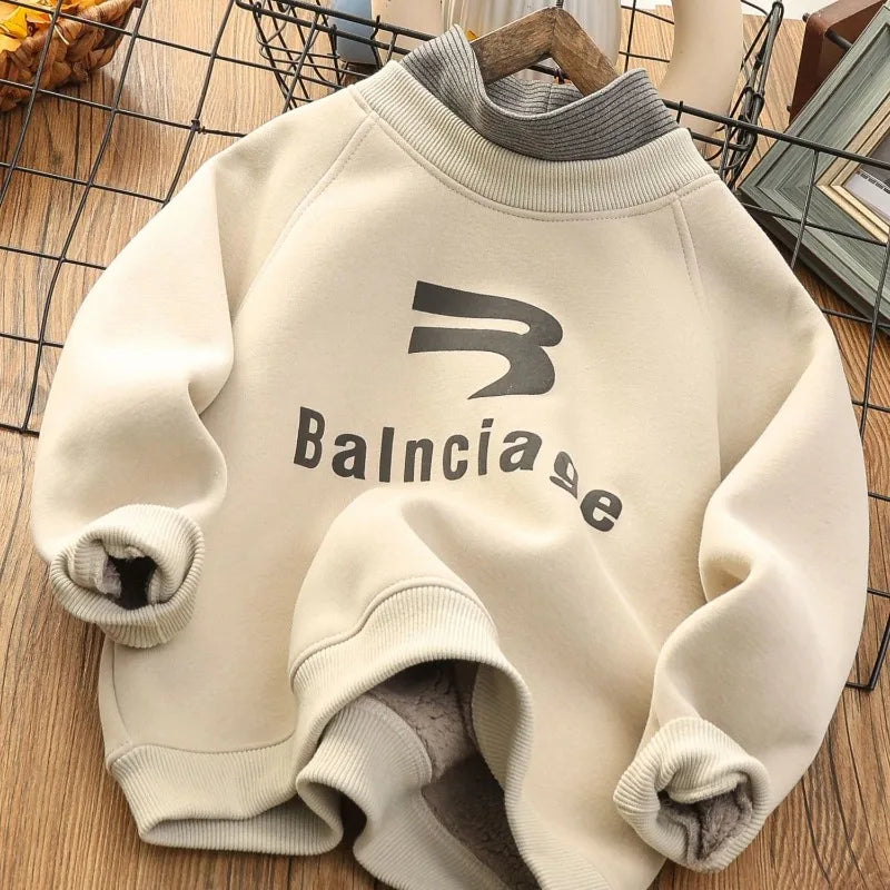 Boys' Big Kids Winter 2025 New Fake Two-Piece Fleece-Lined Mid-Collar Thickened Stylish Base Layer Sweatshirt Tops
