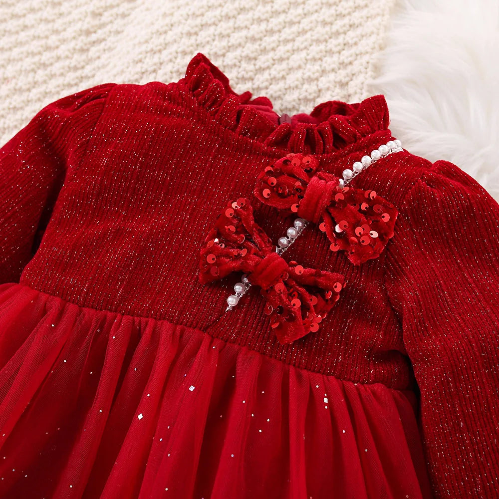 Autumn And Winter New Red Sequin Bow Baby Girl Dress, Princess Style Children'S Clothing With Free Sequin Pendant (0-3 Years)