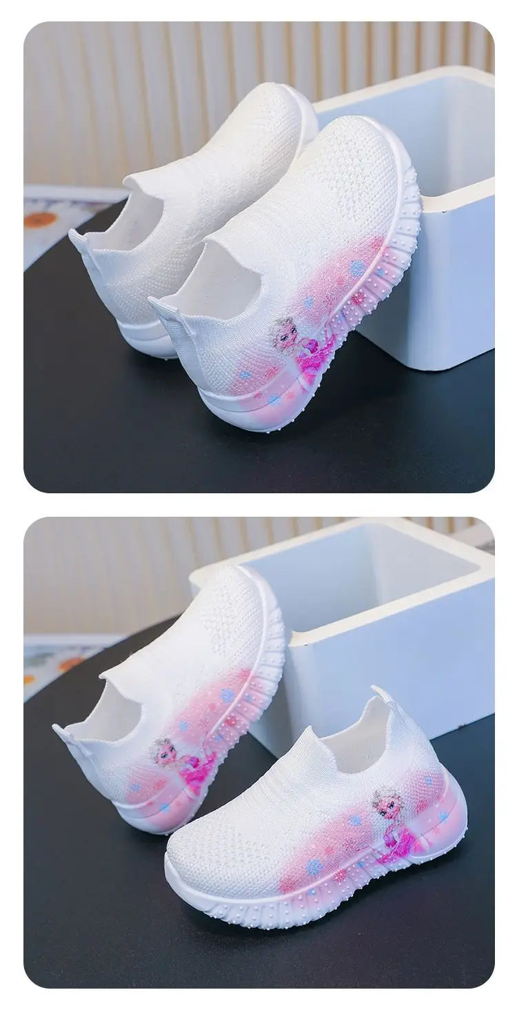 Disney Solid White Fashion Knitting Frozen Princess Elsa Children Casual Shoes Kids' Light Breathable Stretch Socks Sneakers Siz