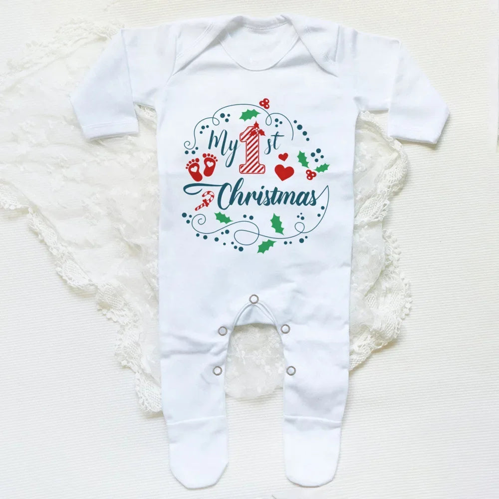 1st Christmas Babygrow Sleepsuit Boys Girls Cute Clothes Baby First Christmas Gift Toddler Xmas Sleepsuit Baby White Bodysuit