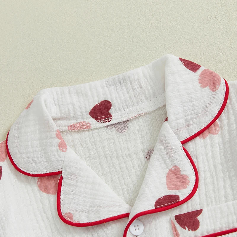 Girls Pajama Set Cute Heart Patterned Long Sleeve Top with Cozy Elastic Waist Pants for a Good Night s Sleep