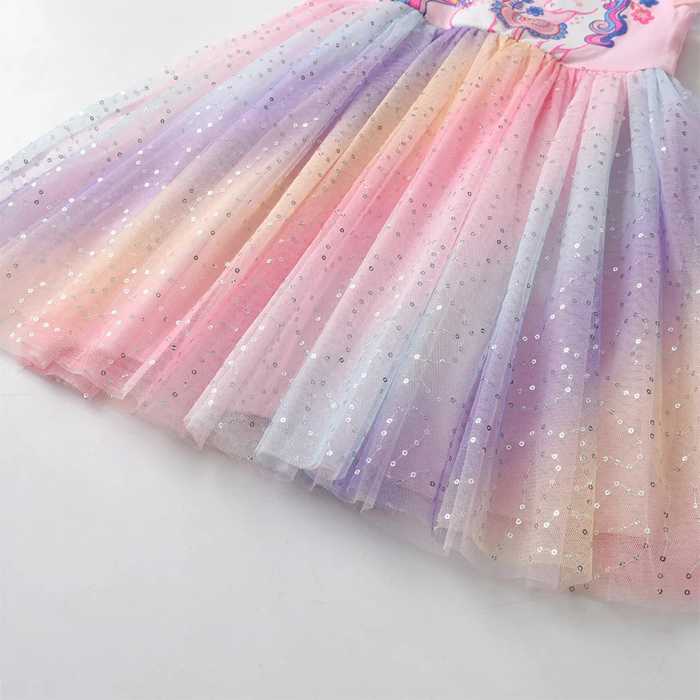 VIKITA Kids Flare Sleeve Summer Dress Girls Unicorn Flower Print Dresses Girls Pink Princess Birthday Party Gradient Cute Dress