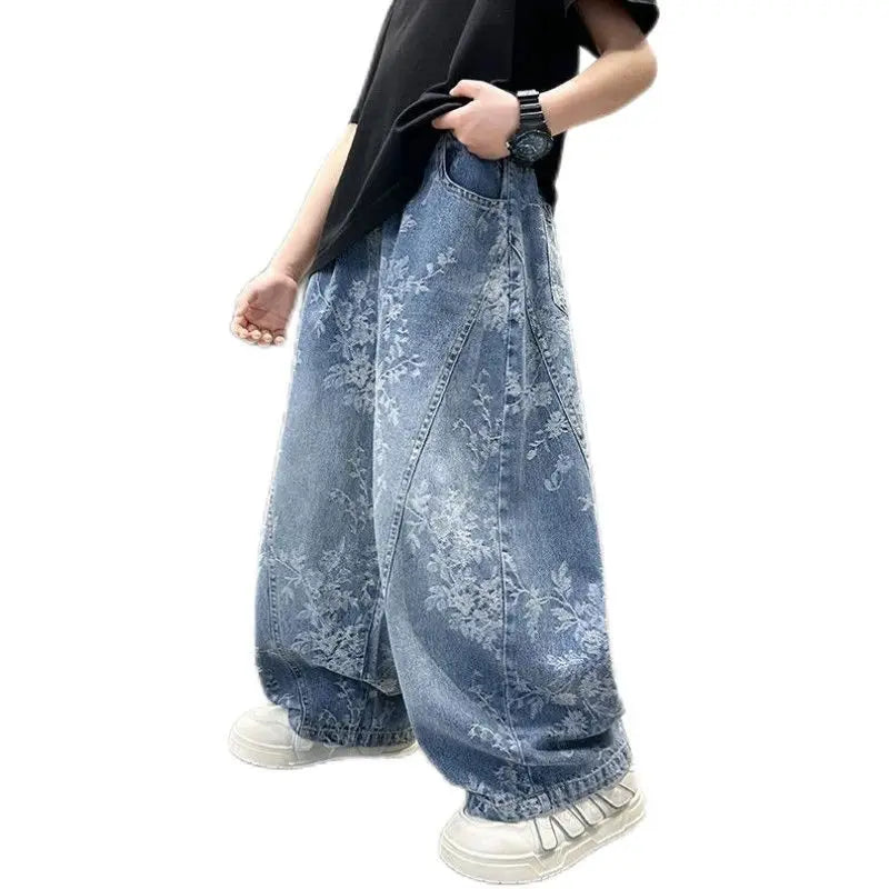 Kids' Casual Wide-Leg Jeans with Jacquard Print - Boys & Girls Big Kids Comfort Fit Spring Autumn Pants