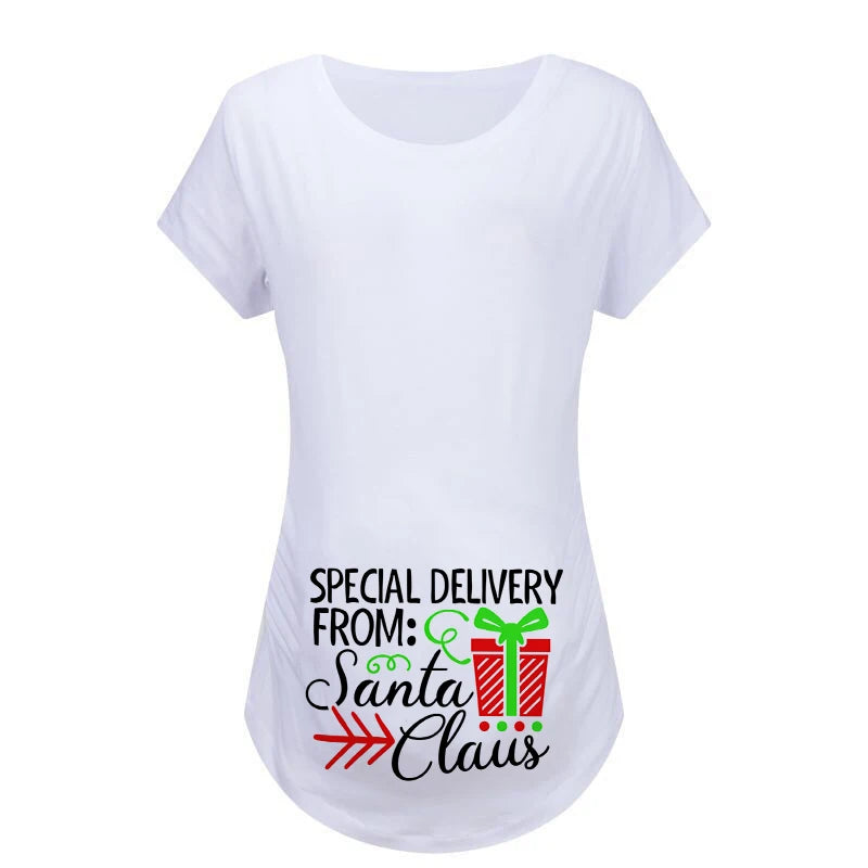 Christmas Womens Maternity T-shirt Santa Baby Printed Pregnant Women T Shirt Pregnancy Casual Short Sleeve T Shirt White Clothes