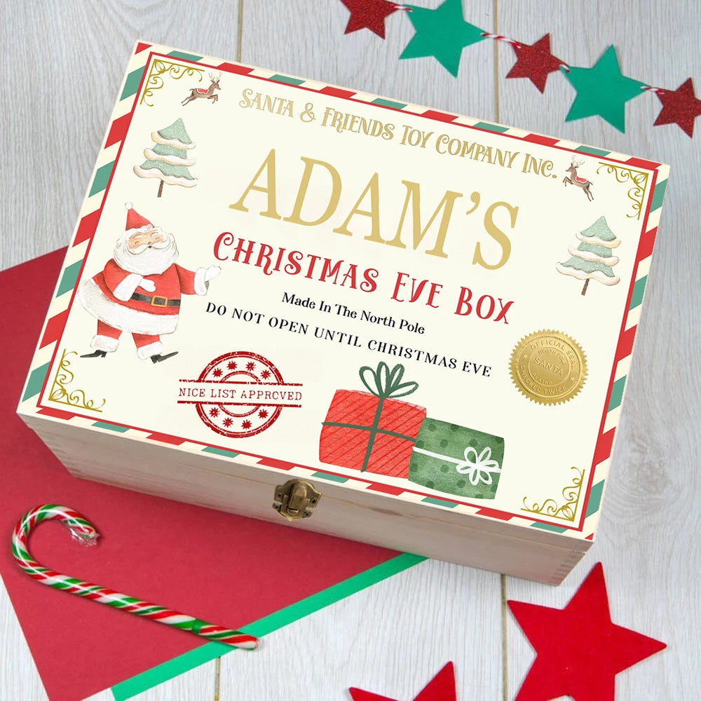 Personalized Christmas Eve Box Custom Xmas Gift Wood Box Boys Girls Cute Christmas Present Box Kids Santa Holiday Gifts Box