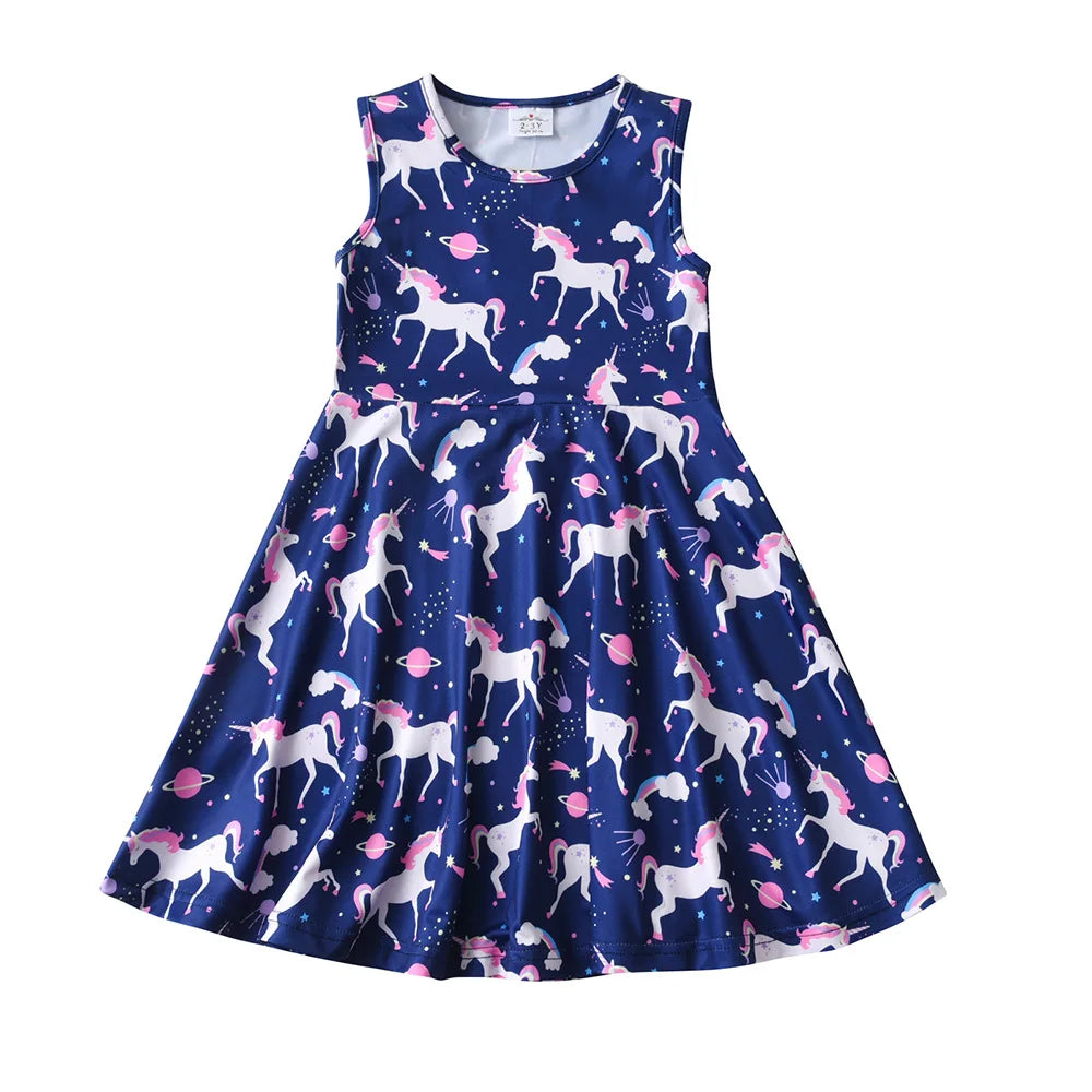 VIKITA Girls Licorne Rainbow Cosmos Print Summer Sleeveless Dress Kids Polyester Daily Casual Party School Dresses Kids Clothing