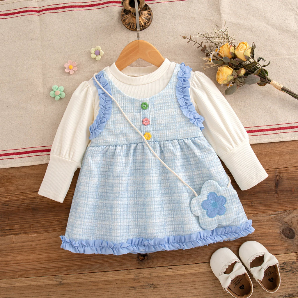 9 Months -3 Years Old Spring And Autumn New Simple Striped Baby Girl Dress, White Long Sleeved Children'S Clothing + Flower