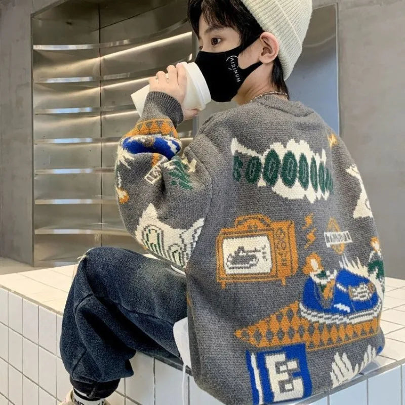 2025 New Boys' Autumn/Winter Fleece-Lined Thickened Pullover Knit Sweater - Warm Base Layer for Kids, Trendy & Cozy Design