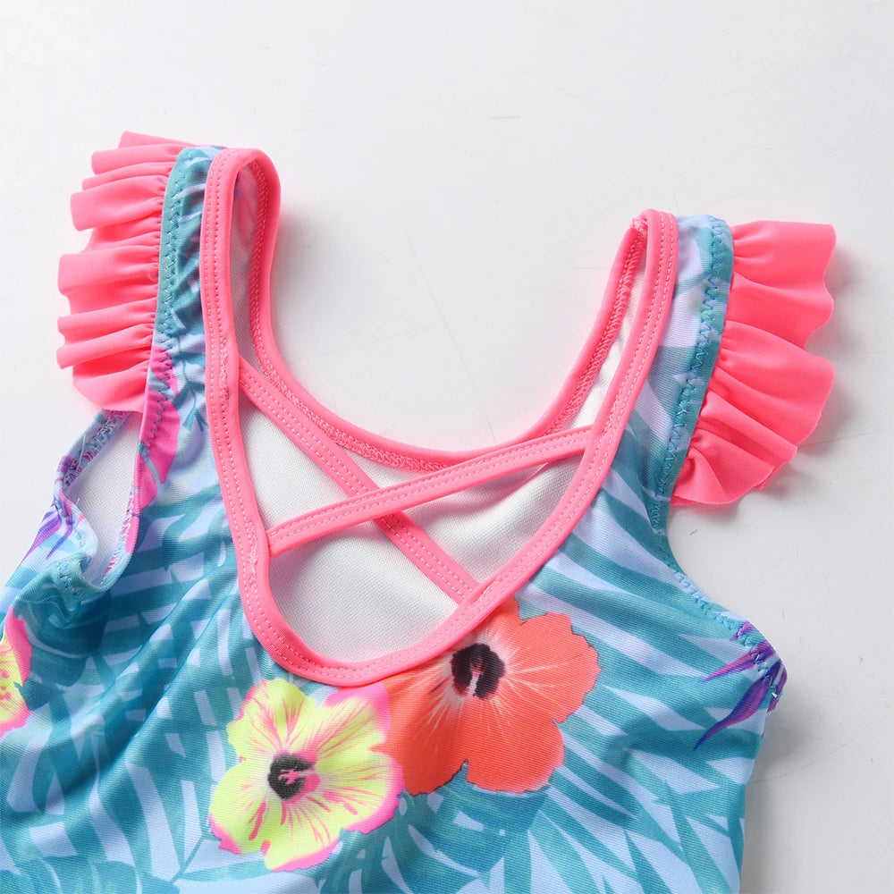 DXTON Toddler Baby Girls Swimsuits Elastic One Piece Kids Swimming Clothing Bird Flower Print Ruffled Vest Children's Beachwear