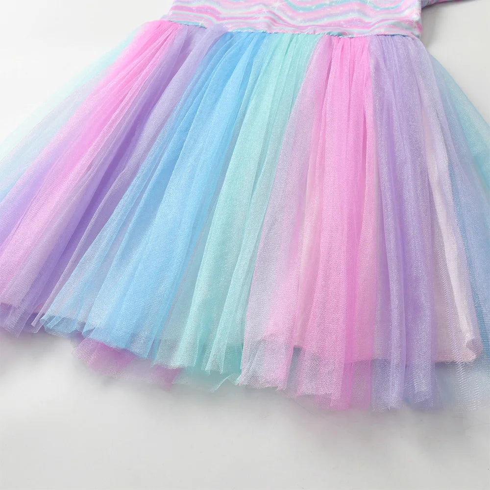 VIKITA Girls Autumn Spring Long Sleeve Dress Kids Rainbow Print Striped Dresses Girls Casual Daily Travel Princess Vestidos