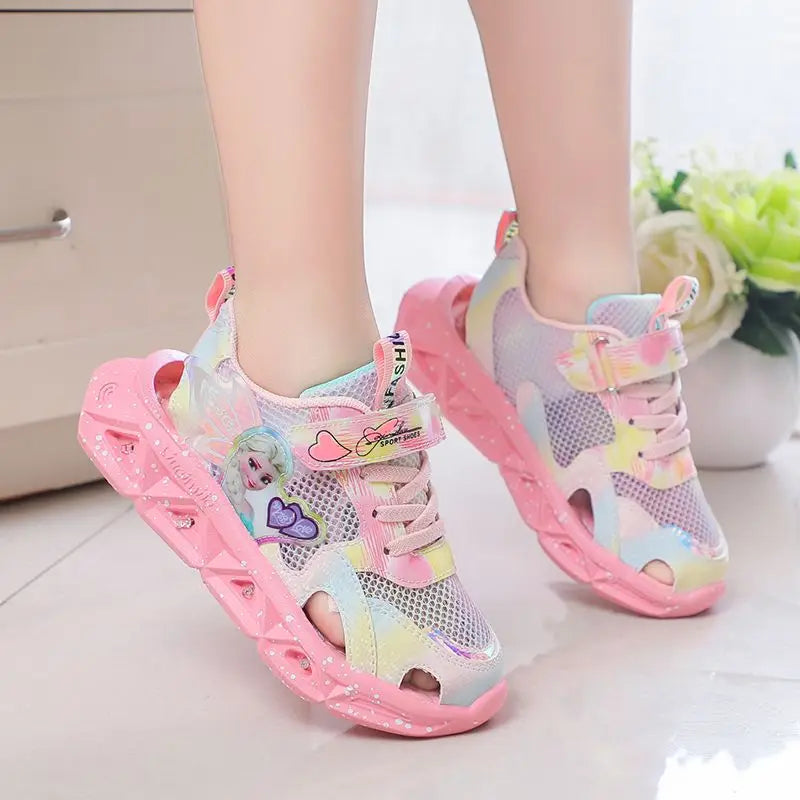 Disney Children's Sandals Women's Summer Girls' Sandals Led Lights Kids' Baby Princess Elsa Beach Pink Purple Shoes Size 22-37