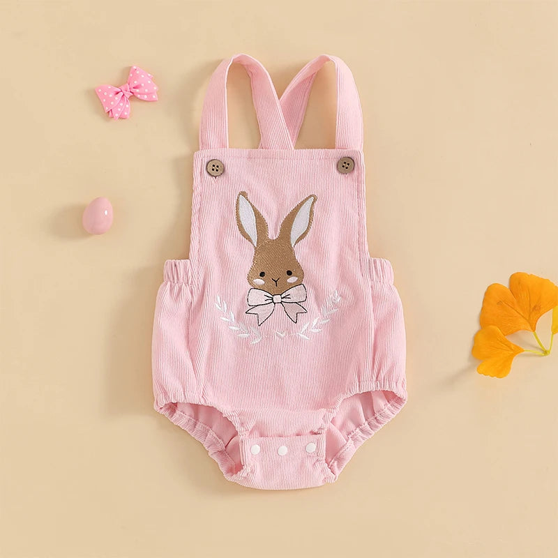Infant Easter Jumpsuit with Sleeveless Design and Adorable Bunny Embroidery Cute Newborn Overall for Spring Celebrations