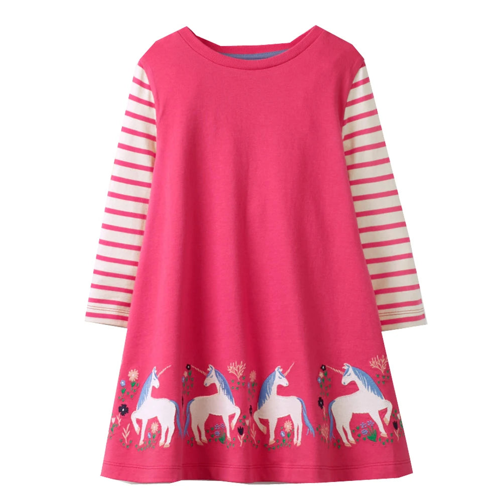 VIKITA Teenagers Straight Dress Kids Cotton Casual Daily School Vestidos Kids Fashion Cute Striped Unicorn Appliqued Pink Dress