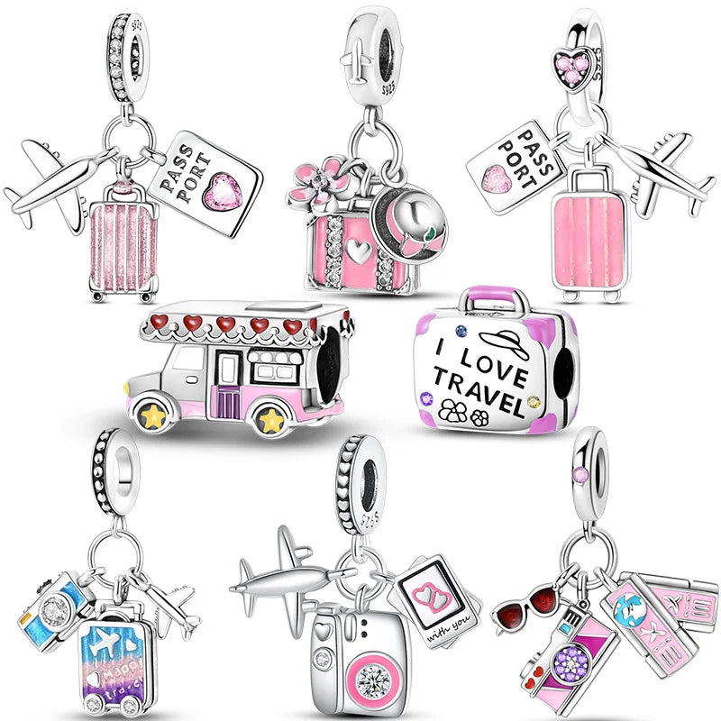 Pink Series Original 925 Sterling Silver Charm Bead Travel Airplane Pendant Fit Original Bracelet Necklace For Women DIY Gift