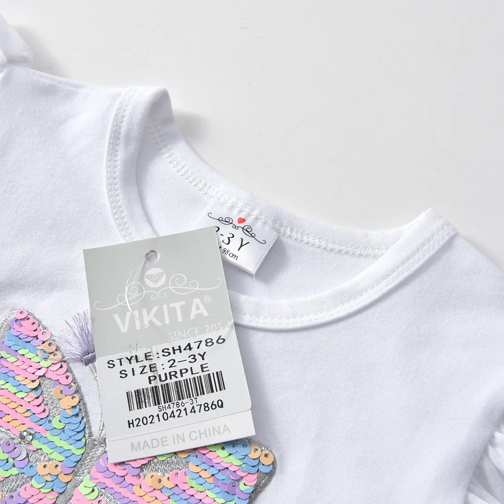 VIKITA Toddlers Colorful Butterfly Sequined Appliqued Summer Flare Sleeve Dress Kids Gradient Glitter Fashion Elegant Dresses 6Y