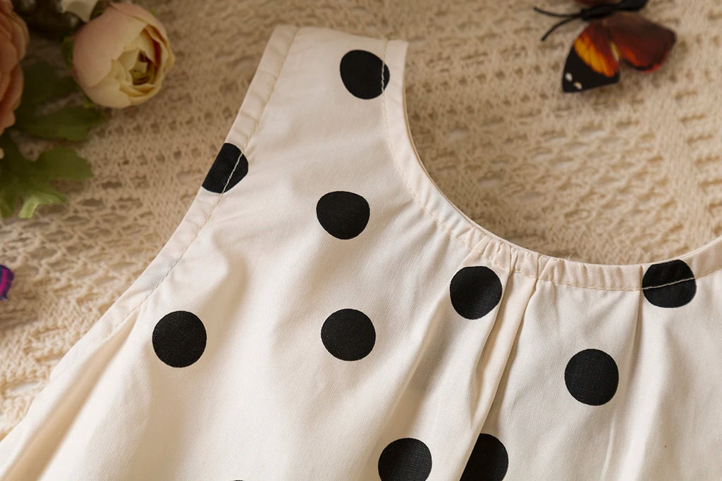 Sweet Black Bow Baby Girl Dress, Summer New Polka Dot Sleeveless Children'S Clothing With Free Hat (9 Months-4 Years Old)