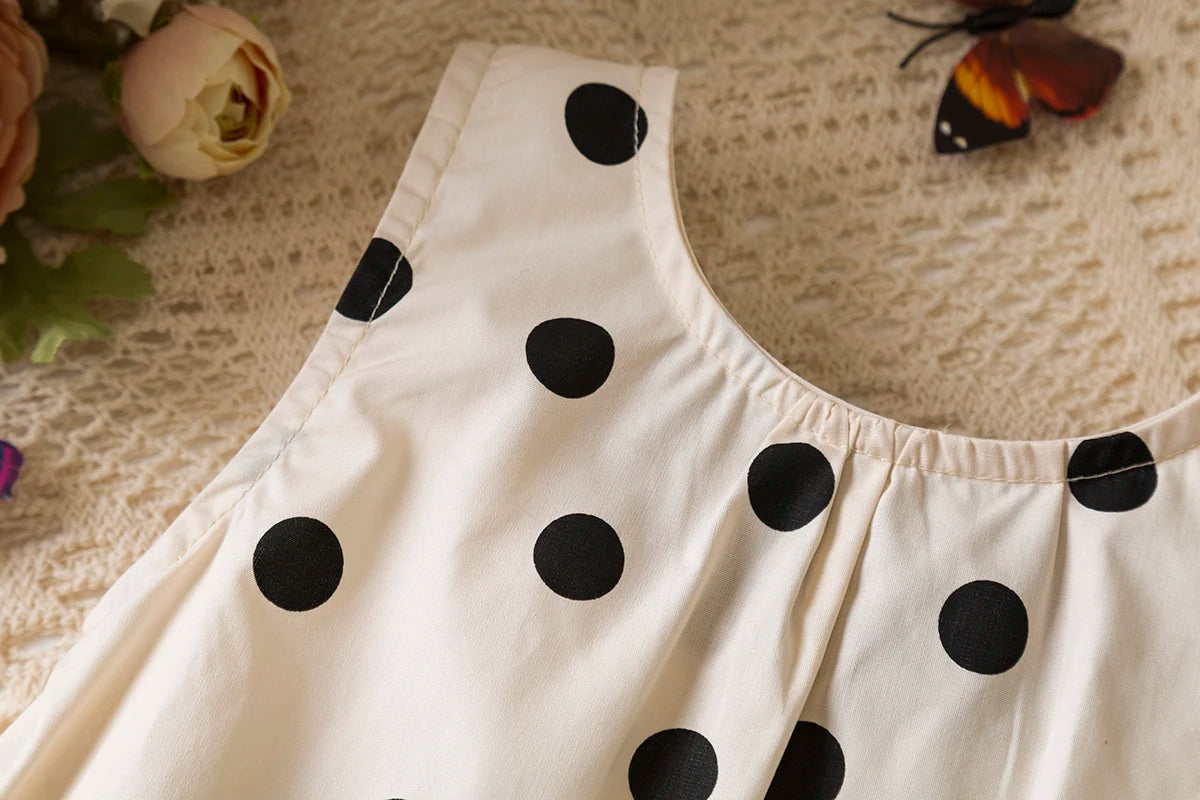 Sweet Black Bow Baby Girl Dress, Summer New Polka Dot Sleeveless Children'S Clothing With Free Hat (9 Months-4 Years Old)