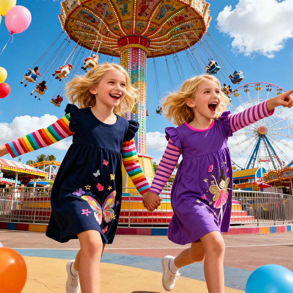 DXTON Children's Daily Dresses Cotton Toddler Casual Clothing Rainbow Long Sleeve Kids Dress Butterfly Vacation Girls Dress Wear