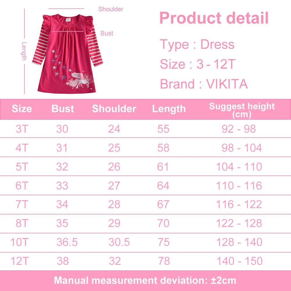 VIKITA Girls Flare Sleeve Autumn Spring Dress Kids Licorne Print Striped Dress Girls Cotton Casual Daily School Straight Dresses