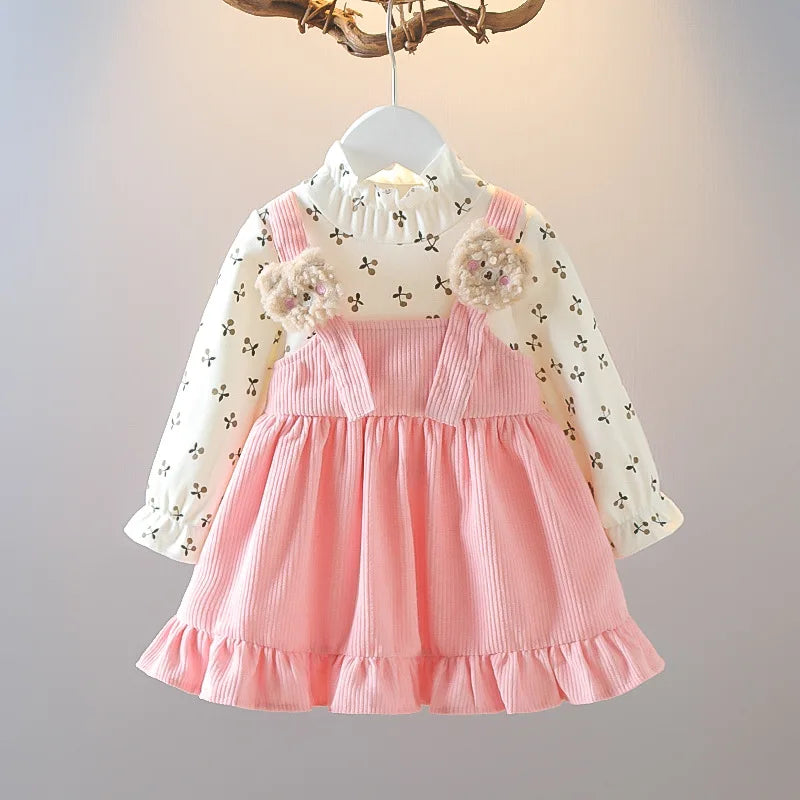 New Fall New Girls Dress Fake Two Upper Body Knitwear Suspenders Corduroy Floral Bear Fluffy Lace Pleated Sweet Princess Dress