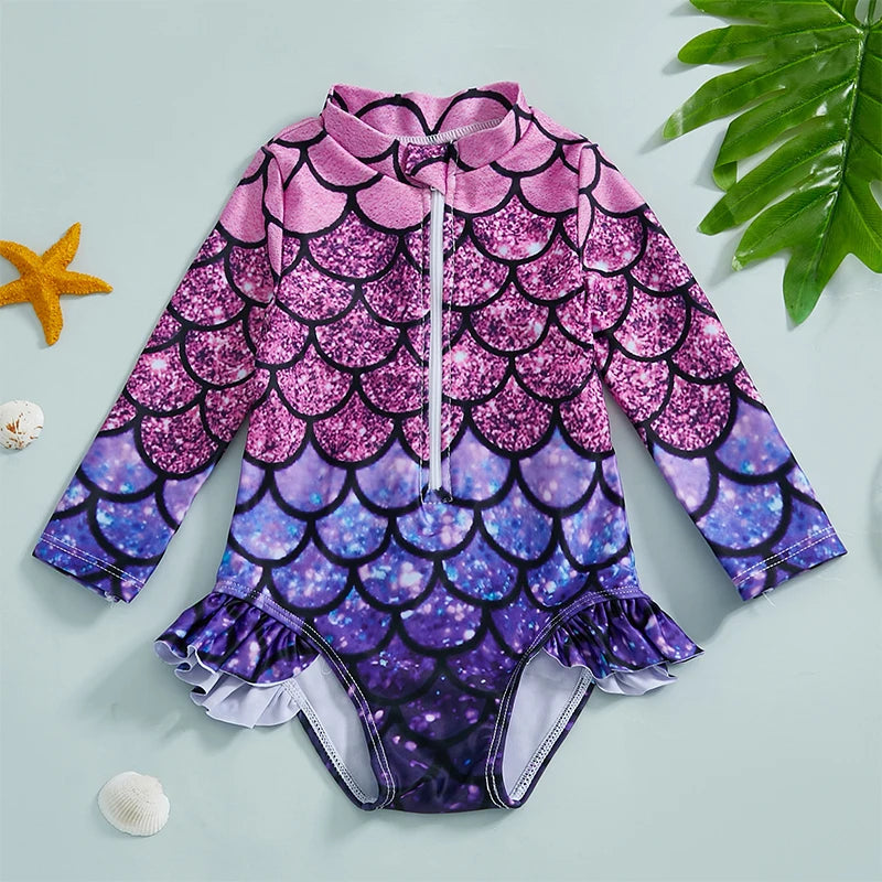 Mermaid Print  Swimsuit with Zipper Closure and Ruffled Mock Neck for Toddler Girls - UV Protection Rash Guard Bathing
