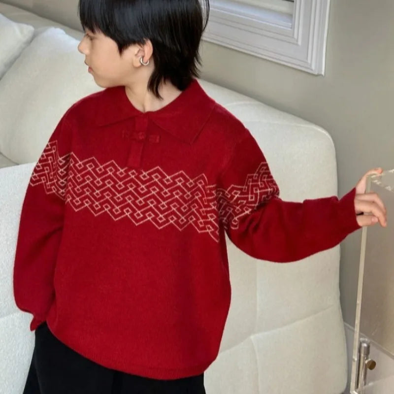 Boys' Red POLO Knit Sweater 2025 Autumn/Winter New Big Kids New Year Outfit Traditional Chinese Style Warmth Crossover Sweater