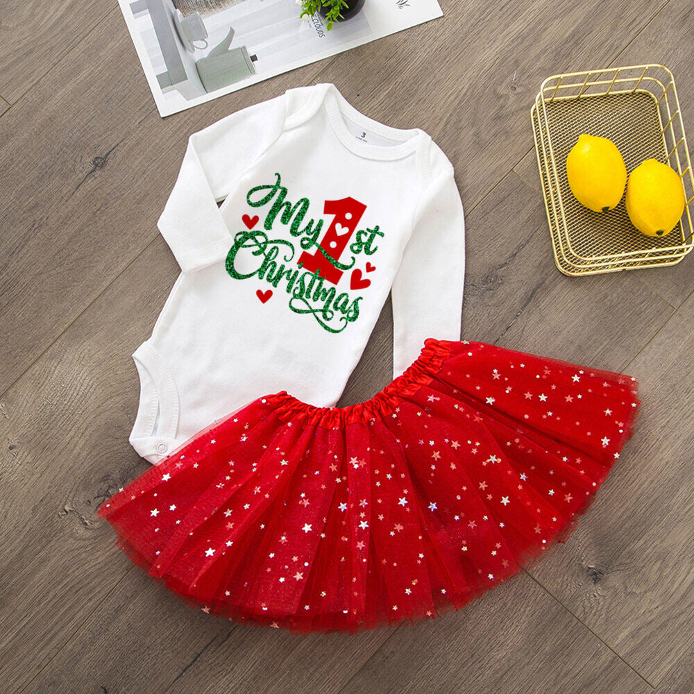 My 1St Christmas Baby Bodysuit Cake Dresses Set Infant Girls Long Sleeve Playsuit Tutu Skirts Clothes Toddler Xmas Party Outfits