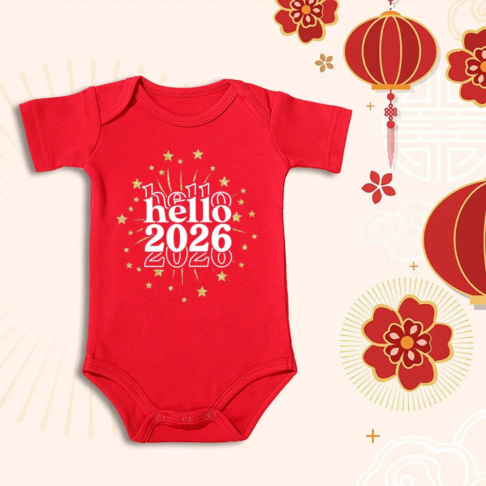 Hello 2026 New Year Print Baby Cotton Bodysuit Newborn Cotton Baby Romper Infant Short Sleeve Bodysuit 1st New Year Clothes