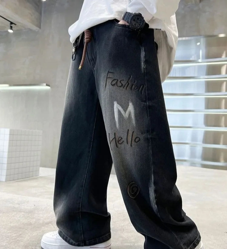 Boys' Trendy Streetwear Jeans for Spring/Fall - Loose Fit Straight-Leg Wide-Leg Denim Pants for Boys 8-14
