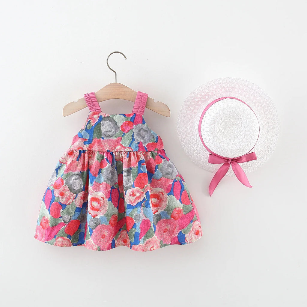 (0-3 Year Old Baby Girl Dress) Summer New Small Floral Bow Children'S Sleeveless Clothes, Free Bow Hat Included