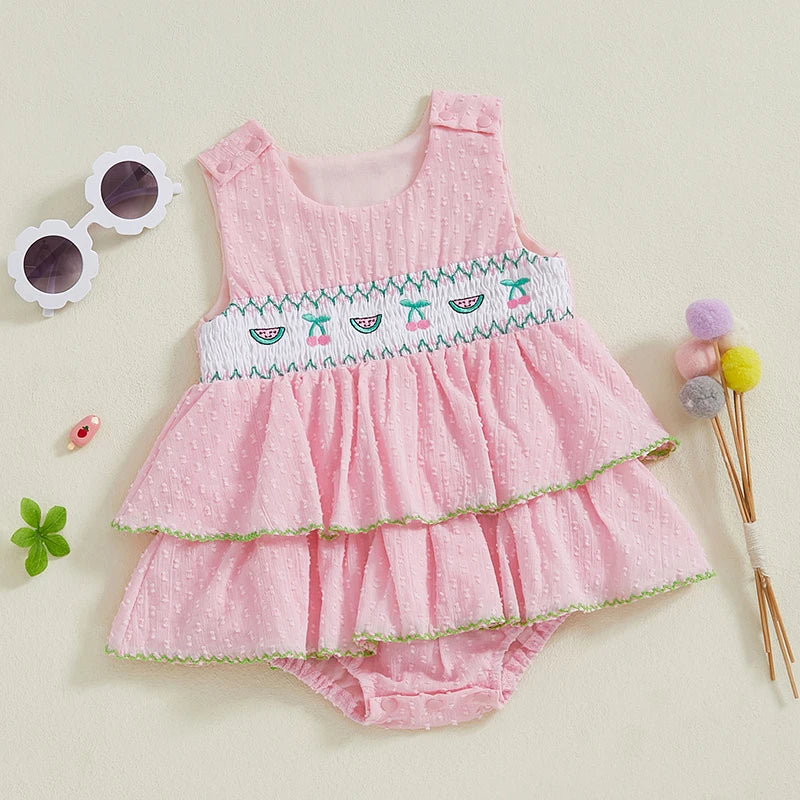 Infant Floral Print Sleeveless Romper Dress with Ruffle Detail and Bow Tie Newborn Summer Playsuit Outfit