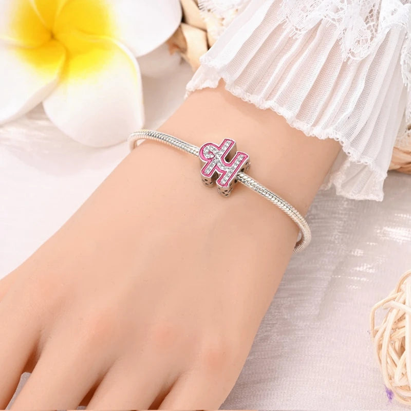 Pink Girl Series 925 Sterling Silver Alphabet Charms Beads Cute Letter Fit Original Bracelet Bangle Necklace DIY Jewelry