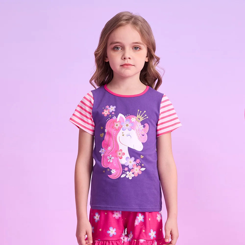 VIKITA Girls O Neck Short Sleeve Summer T Shirts Kids Unicorn Print Cartoon Tops and Tees Girls Cotton Casual Daily Clothes