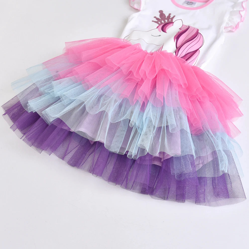 VIKITA Girls Tutu Dress Toddlers Summer Flare Sleeve Princess Dresses Girl Unicorn Cartoon Party Layered Dress Children Clothing